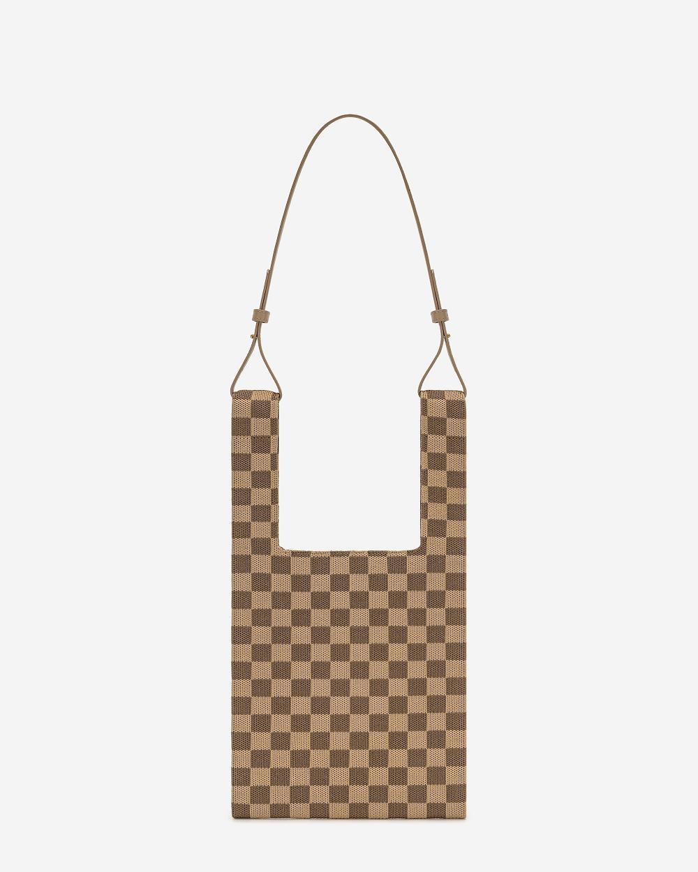 JW PEI Shea Checkerboard Knitted Women Tote Bags Brown | CA1352EX